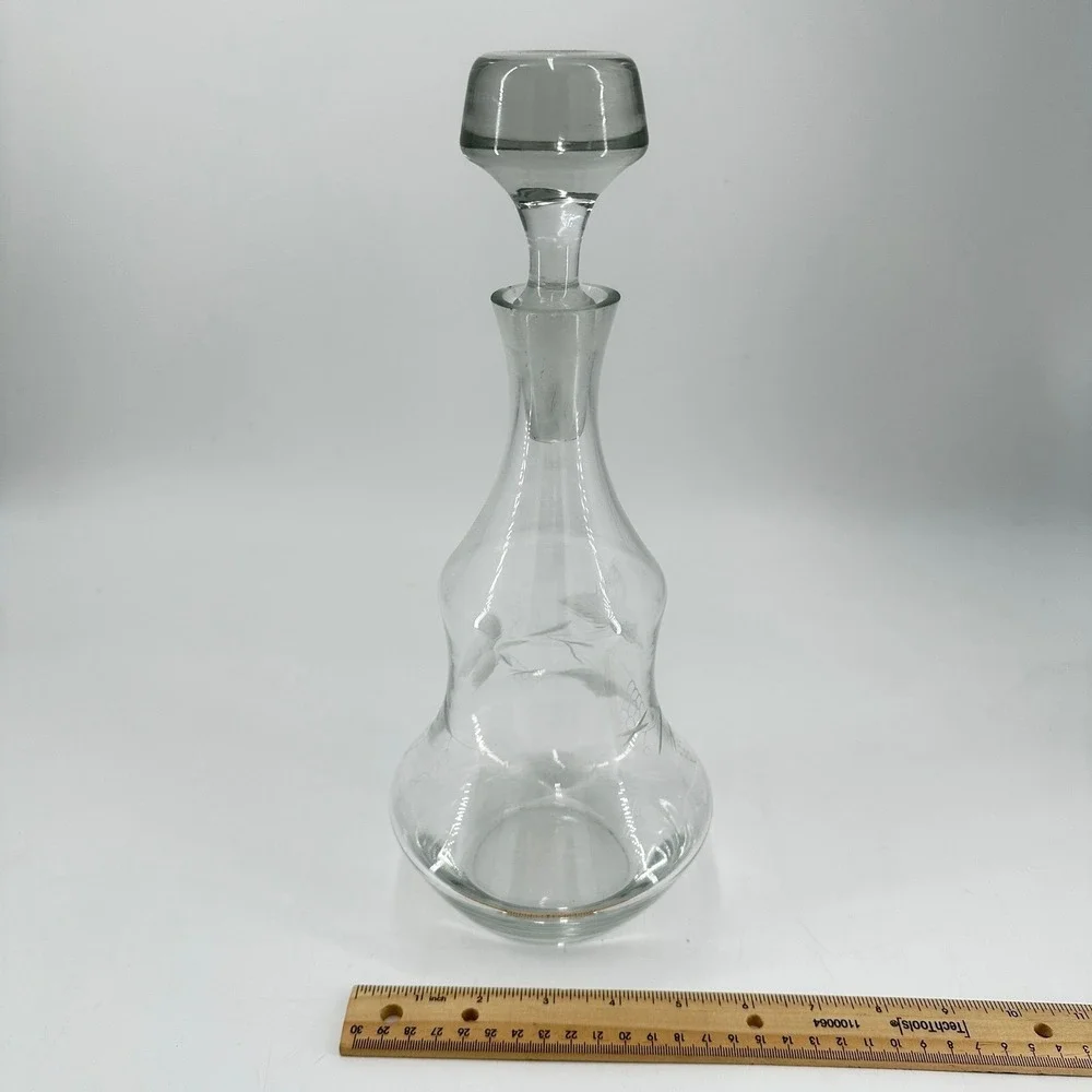 Vintage Etched Glass Decanter with Stopper Grapevine Leaf Pattern Clear 12.5